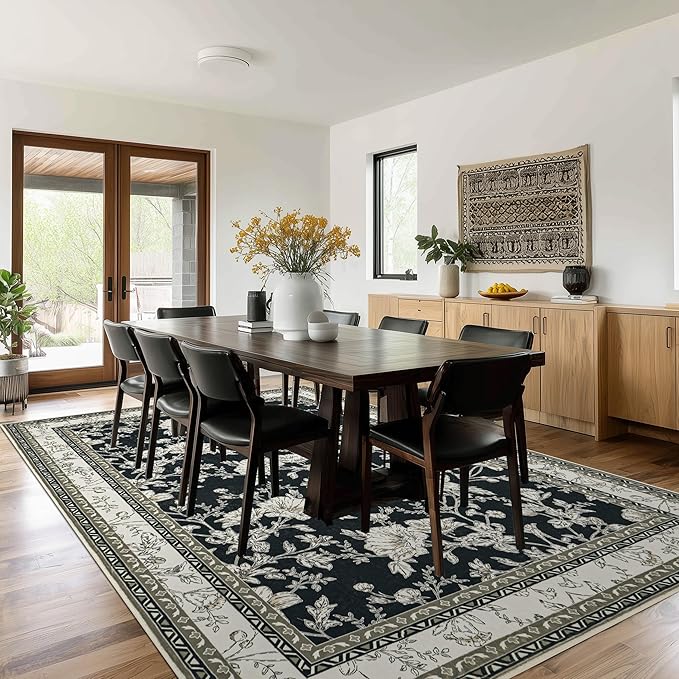 Black Floral Area Rugs 6x9 Living Room, Black with Cream Beige Taupe Flower Design Low-Pile Washable Rugs for Bedroom Dining Room, Vintage Modern Farmhouse Boho Indoor Floor Carpet Kids Playroom