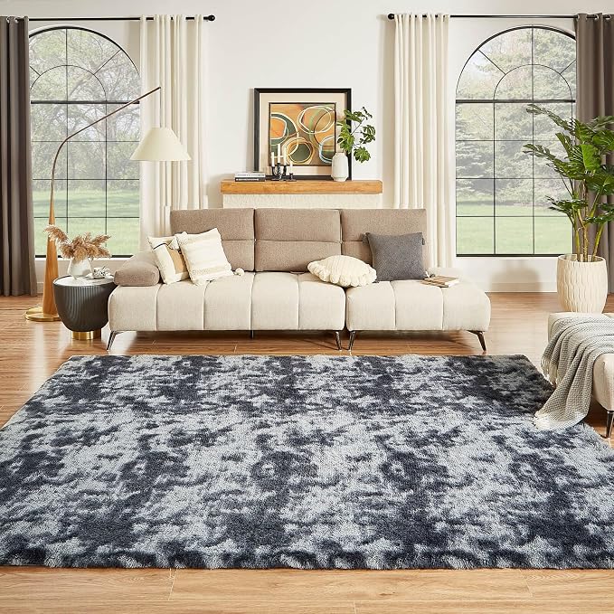 Floralux 9x12 Shag Rug for Living Room, Tie-Dyed Dark Grey, Soft Area Rugs for Bedroom