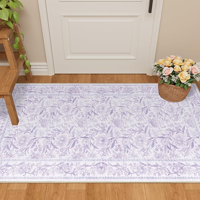DUKINO 2x4 Rug, Washable Vintage Floral Entryway Rug Non Slip, Purple | Low Pile, Non-Shedding, Stain Resistant Boho Lightweight Soft Indoor Carpet for Kitchen Bathroom Hallway Laundry Farmhouse