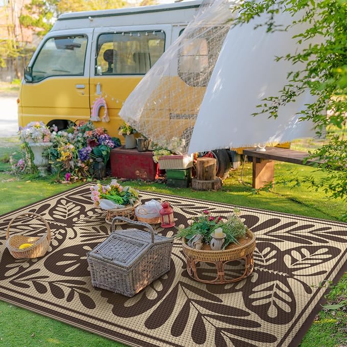 GENIMO Outdoor Rug, Waterproof Plastic Rugs for Patio, 6'x9' Latte Beige | Outside Larger Leaf Carpet Mat for Porch Decor, Deck, Balcony, Camping, RV, Backyard, Picnic, Beach, Reversible, Foldable