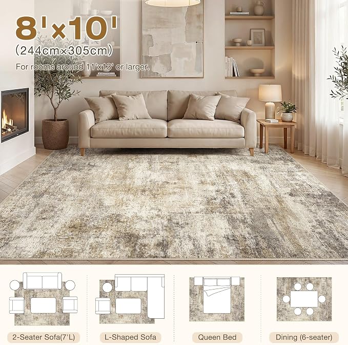 cotiled 8x10 Area Rugs Abstract Soft Non Slip Washable Living Room Rug | Stain Resistant, Robot Vacuum & Pet Friendly, Low-pile, For Living Room, Bedroom, Dining Table, Nursery Brown