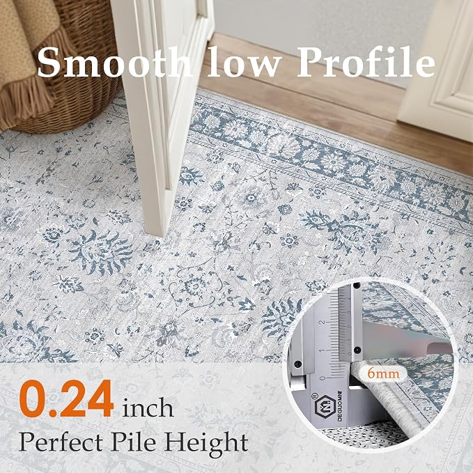 PureCozy 3x5 Area Rug Blue Washable Entryway Vintage Carpet Office Small Non Slip Stain Soft Resistant Low Pile Thin Boho Accent Indoor Throw Rug for Laundry Kitchen Bathroom Entrance Bedroom