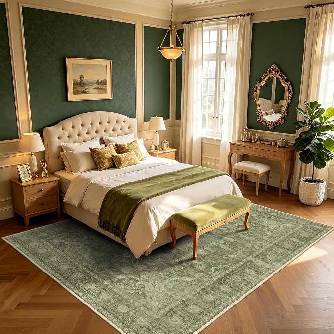 Living Room Rugs 8x10, Vintage Carpet for Bedroom, Sage Green | Medallion Rug for Dining Room Washable Low Pile Rug with Non-Slip Silicone Backing, Non-Shedding Stain Resistant