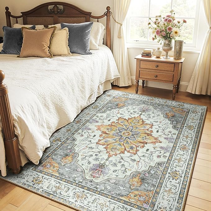 RELEANY Area Rugs 6'x9' Washable Non-Slip, Floral Vintage Distress Medallion Carpet for Living Room Bedroom Dining Room, Beige Carbon Grey Orange