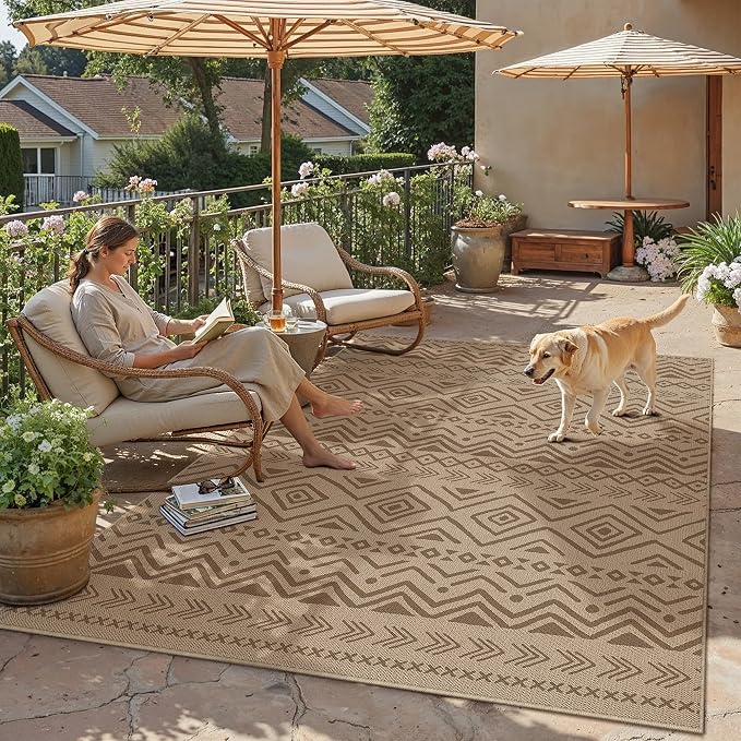 PureCozy 8x10 Easy Jute Outdoor Rug Brown Boho Indoor Outdoor Area Rug Farmhouse Patio Carpet for Backyard, Patio, Porch, Living Room，Easy-Cleaning, High Traffic, Pet-Friendly, Non-Shedding