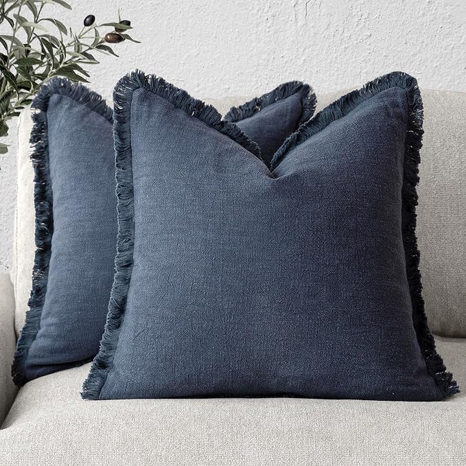 Foindtower Set of 2 Decorative Linen Fringe Throw Pillow Covers Cozy Boho Farmhouse Cushion Cover with Tassels Soft Accent Pillowcase for Couch Sofa Bed Living Room Home Decor, 16×16 Inch, Navy Blue