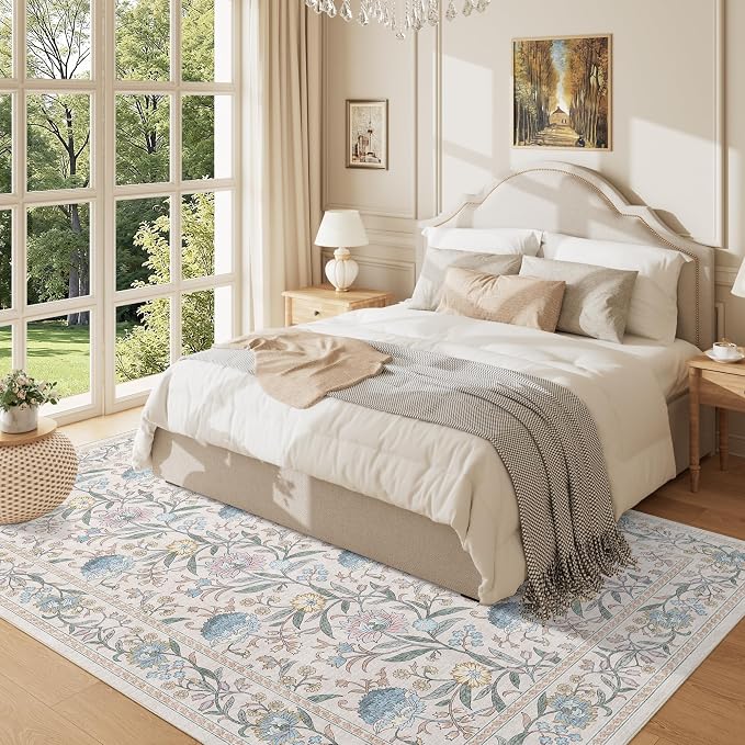 DUKINO 5x7 Area Rug, Vintage Floral Washable Rug for Living Room Cream Blue | Non Slip, Low Pile, Non-Shedding, Stain Resistant Lightweight Boho Soft Carpet for Bedroom Home Office Dining Room Farmhouse