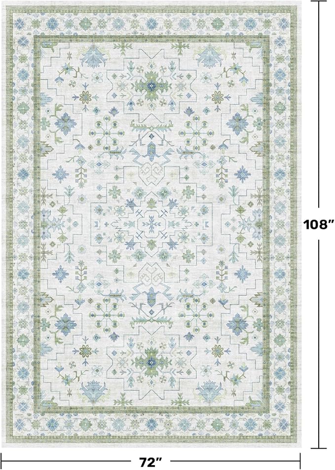 Hazo Haus Cream Oushak 6x9 Bedroom Rug - Boho Floral Cool Blue and Green, Washable Low Pile Non-Slip Ultra-Thin Large Area Rugs for Bed Room, Living Room, Playroom