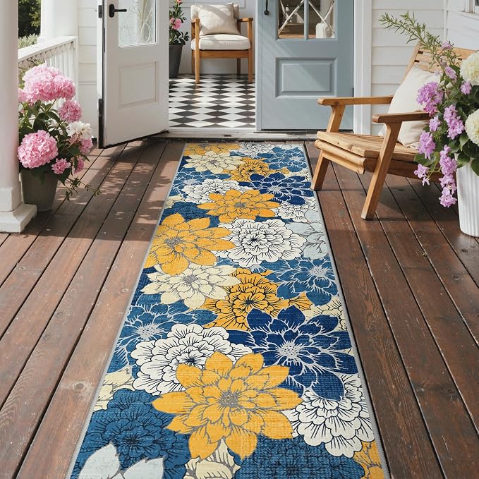GENIMO 2.5x8 Outdoor Runner Rug, Washable for Patio, Blue | Floral design for balcony; fade resistant chenille and quick-dry non-slip backing for indoor hallway kitchen