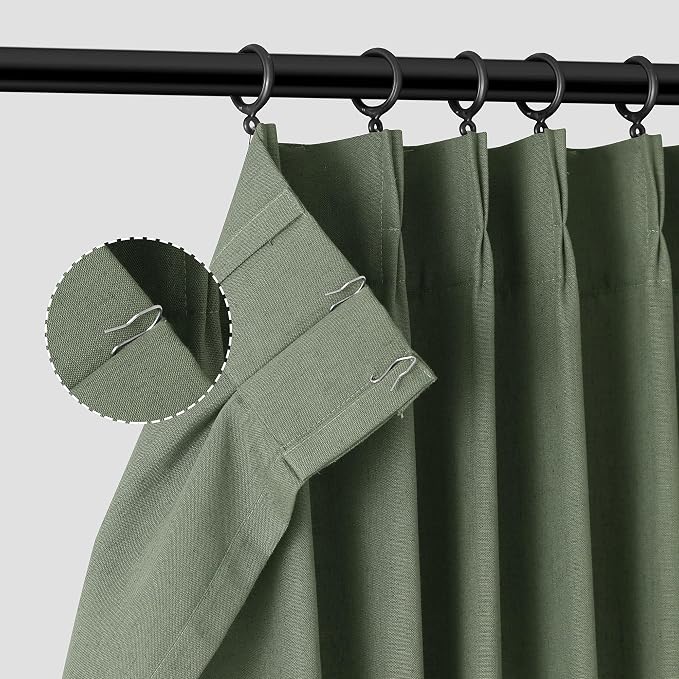 Green Pinch Pleated Curtains 108 Inches Long 2 Panels for Living Room Dining Privacy Light Filtering Extra Long Olive Pleated Linen Drapes with Hooks Back Tab Ceiling Floor for Bedroom Window 9Ft
