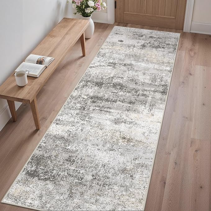 GENIMO Runner Rug Non Slip 2'6"x10', Washable Rug Runner for Hallways Kitchen, Abstract Modern Kitchen Rugs, Low Pile Lightweight Carpet Runners for Entryway, Bedroom, Laundry, Grey Beige