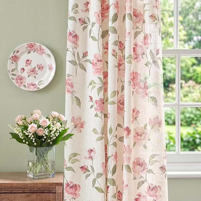 jinchan Pink Floral Linen Curtains 63 Inch Cottagecore Back Tab 2 Panels | Light filtering drapes, semi sheer, farmhouse, watercolor, romantic, living room, bedroom, rod pocket, window treatment