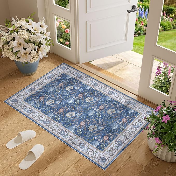 DUKINO 2x3 Rug, Washable Vintage Floral Bathroom Rugs Non Slip, Sky Blue | Low Pile, Stain Resistant Boho Soft Indoor Door Mat, Small Front Door Carpet for Entryway Kitchen Laundry Bedroom Farmhouse