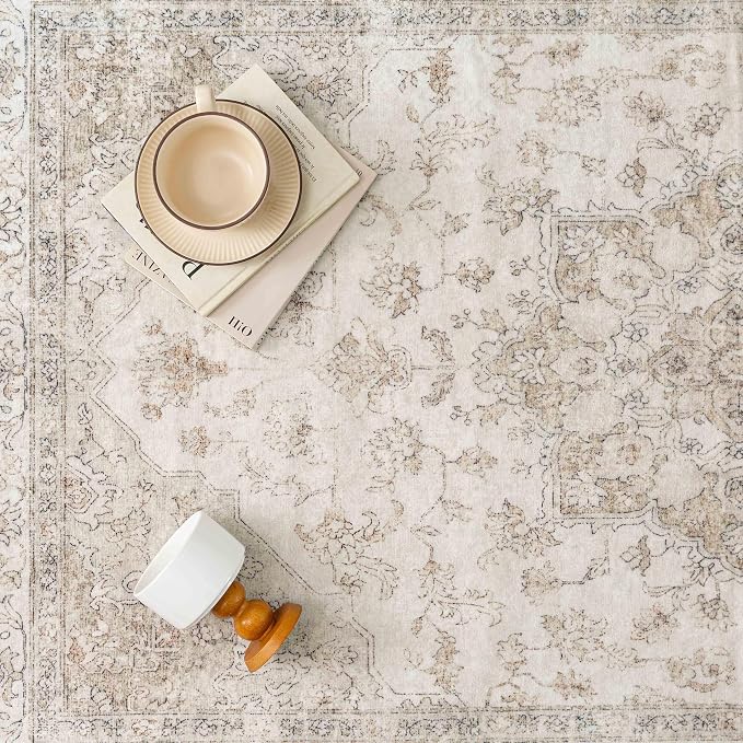 PureCozy Beige Area Rug 7x10 Washable Living Room Carpet Vintage Non Slip Soft Bedroom Indoor Office Retro Low Pile Thin Oriental Medallion Large Rug for Dining Room Bathroom Playroom
