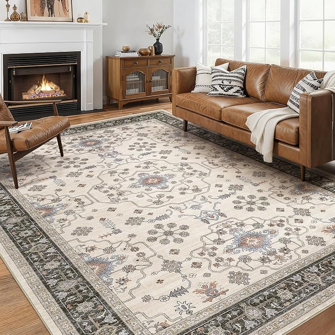 8x10 Area Rugs for Living Room - Large Carpet Ultra Thin Soft Washable Oriental Vintage Floral Distressed Big Indoor Carpets for Bedroom Nursery Dorm Home Decor Aesthetic - Brown Black