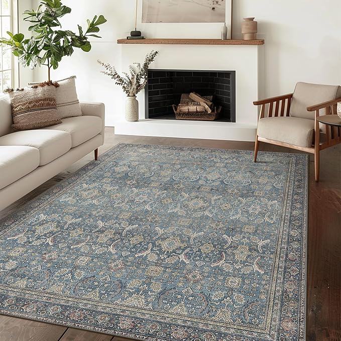 BESBLEE 5X7 Area Rugs Machine Washable Rugs for Living Room, Vintage Boho Large Rugs for Bedroom Dining Room, Non Slip Indoor Soft Distressed Lightweight Thin Low Pile Carpet, Vintage Blue