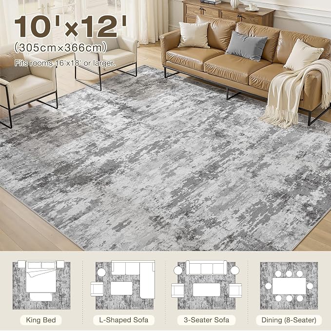 10x12 Large Area Rugs for Living Room, Washable Soft High-Low Pile | Neutral Modern Abstract Carpet, Non Slip Lightweight Made for Dining Room, Nursery, Home Office Indoor Decor - Dark Gray