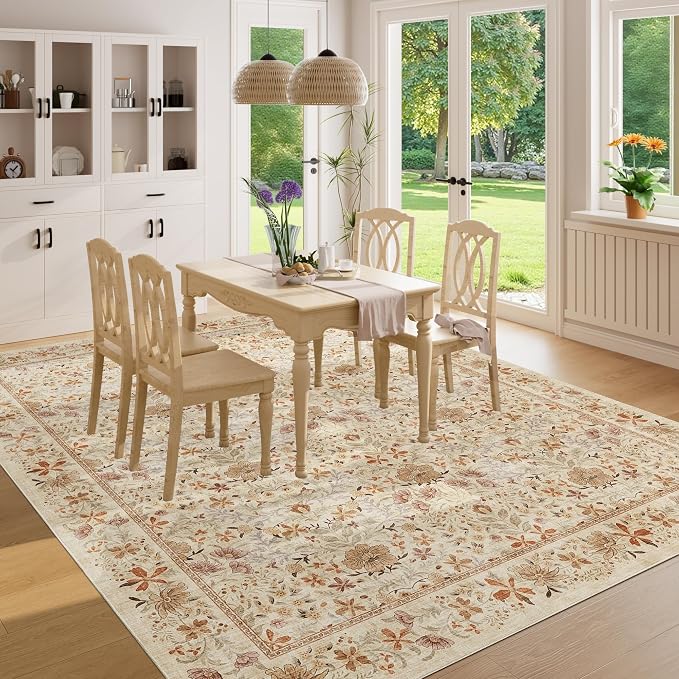 DUKINO 8x10 Area Rugs, Vintage Floral Washable Rug for Living Room, Beige | Non Slip, Low Pile, Non-Shedding, Stain Resistant, Aesthetic Soft Indoor Large Carpet for Bedroom, Dining Room, Farmhouse
