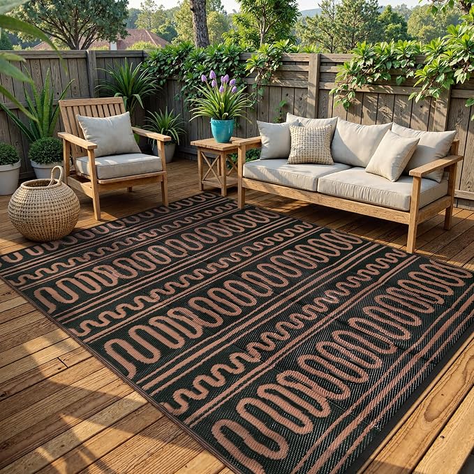 Beeiva Outdoor Rug 8x10 Waterproof for Patio, Reversible Plastic Straw Rug for Deck, Backyard, RV Camping, Black Brown