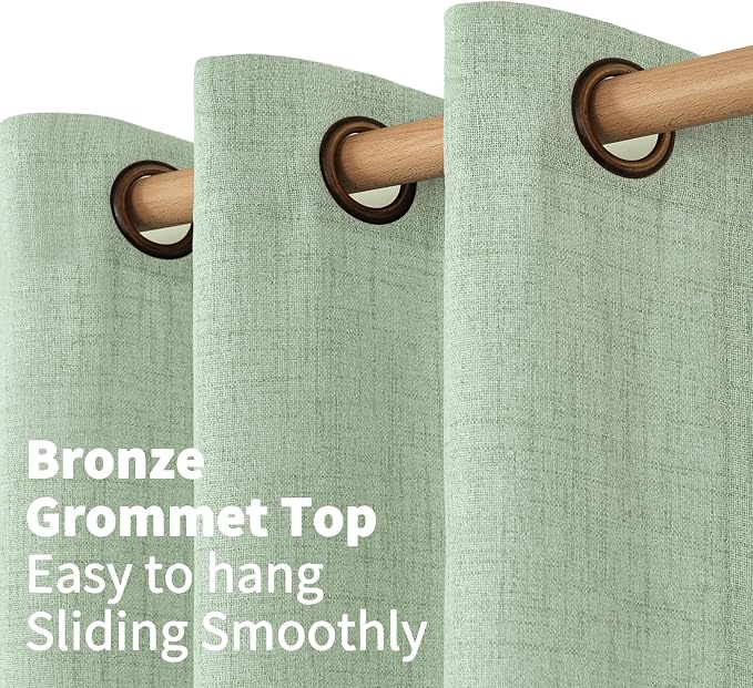 YoungsTex Sage Green Kitchen Window Curtains, Short Linen Drapes with Bronze Grommet Light Filtering Semi Sheer for Bathroom Windows, 42 x 40 Inch, 2 Panels