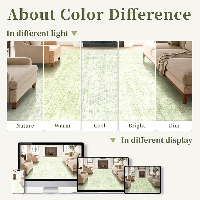 Washable Rugs 5x7, Vintage Boho Carpet for Nursery, Light Green | for Bedroom and Living Room, Low Pile Indoor Neutral Area Rug with Non-Slip Silicone Backing, Non-Shedding