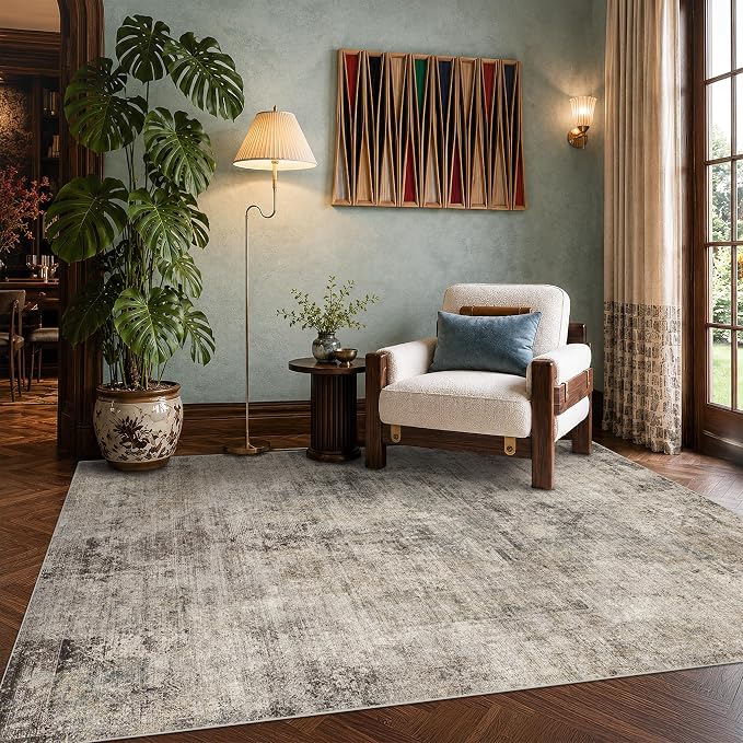 Washable 4x6 Rug for Small Living Room, Area Rug for Kitchen, Bedside, Large Entryway Indoor - Stain Resistant Non Slip with Rubber Backing, Unique Floral Aesthetic Décor, Taupe