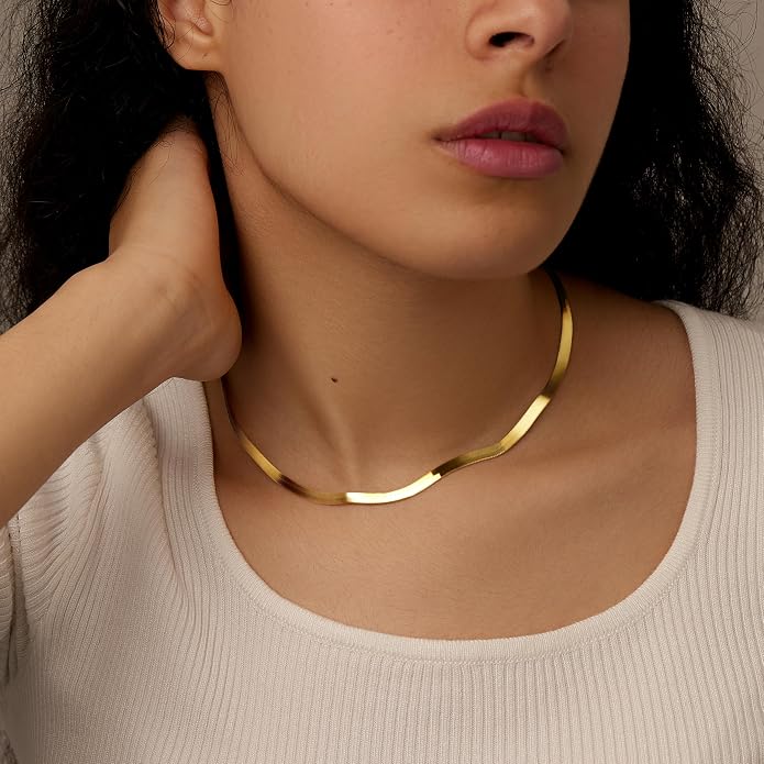 WomenGifts 14K Gold Silver Plated Herringbone Necklace for Women, Dainty Snake Chain Choker, Trendy Simple Long Layered Jewelry Non Tarnish, 3/4/5/8mm,14,16,18,20,22,24,26 Inch Thin & Chunky Options