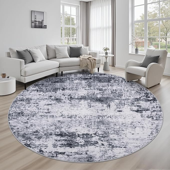 Round Area Rug for Living Room: 6 ft Washable Modern Abstract Soft Thin Rug Indoor Floor No Slip Stain Resistant Carpet for Bedroom Dining Room Farmhouse Nursery Home Office - Grey