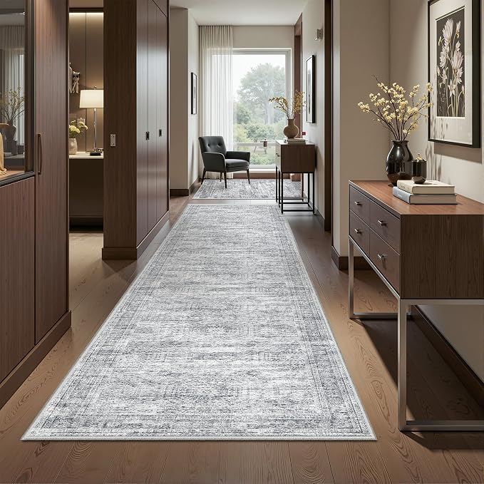 2'6 x 10' Runner Rug Non Slip,Washable Kitchen Rugs,Grey | 10 ft Runner Rug for Hallway,Entryway,Bedroom,Bathroom,Living Room,Thin,Soft, Long Rug,Stain Resistant Indoor Carpet