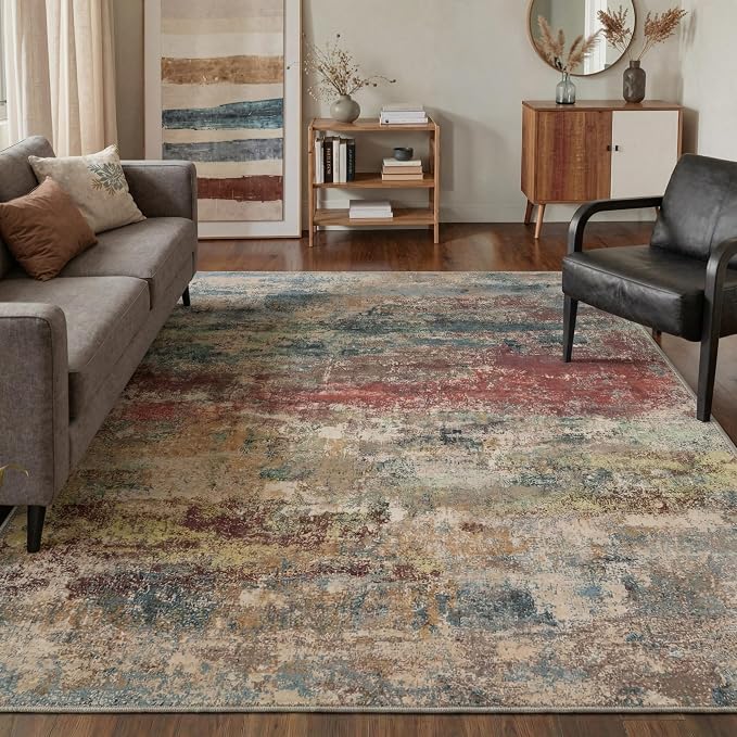 GENIMO 8x10 Area Rugs for Living Room, Machine Washable Rug Non Slip, Low Pile Ultra-Thin Lightweight Large Carpet, Abstract Modern Rugs for Bedroom, Dining Room, Office, Nursery, Bloom Red