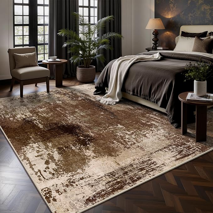 6x6 Area Rugs - Modern Abstract Washable Rug, Ultra Soft Non Slip Low Pile Large Brown Rugs for Living Room, Floor Carpet for Bedroom Dining Room Office Laundry Nursery Home