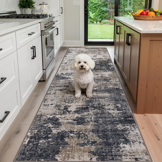 Sasttie 2x10 Soft Runner Rug for Entryway, Modern Abstract Washable Carpet for Hallway, Kitchen and Laundry Room, with Non-Slip Backing, Black and Beige
