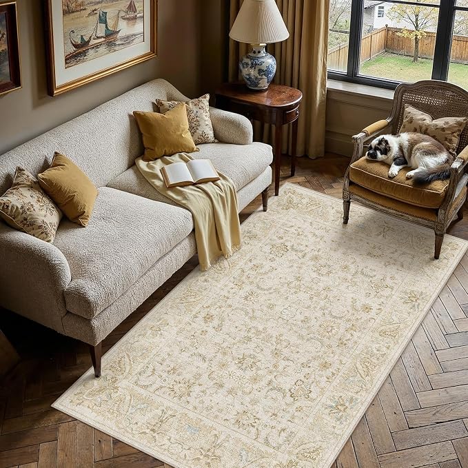 4x6 Beige Washable Area Rug Non Slip Retro Distressed Carpet | Soft Low Pile, Lightweight Foldable, Pet Friendly, Living Room, Bedroom, Dining Room, Entryway, Office