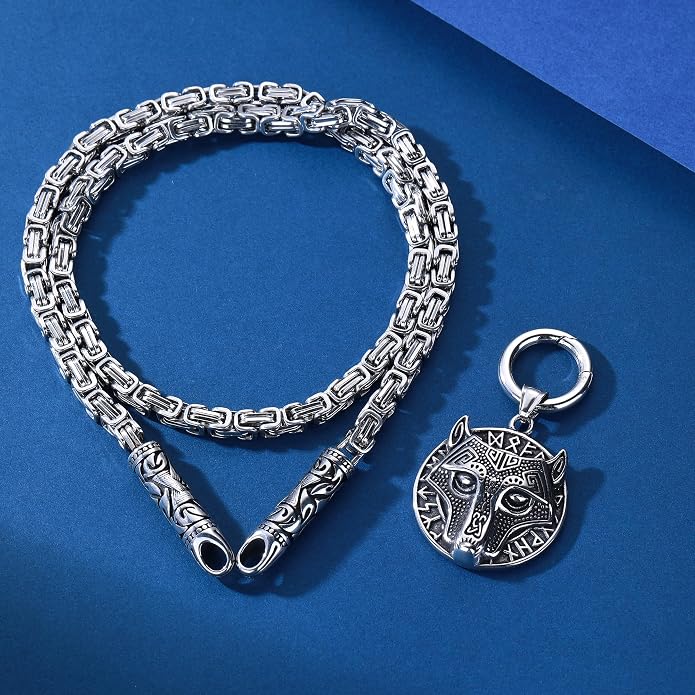 ROWIN&CO Viking Necklace for Men, Stainless Steel Nordic Runes Wolf Head Spearhead & Trinity Knot Pendant with Byzantine Chain Amulet, Norse Mythology Pagan Gothic Biker Jewelry Gift