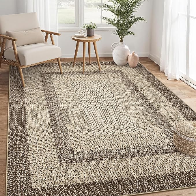 RUGSREAL 10x13 Large Living Room Rug Braided Print Boho Accent Throw Carpet Farmhouse Rustic Rug with Rubber Backing Geometric Bordered Area Rug Bohemian Carpet for Bedroom Home Decor Office, Camel