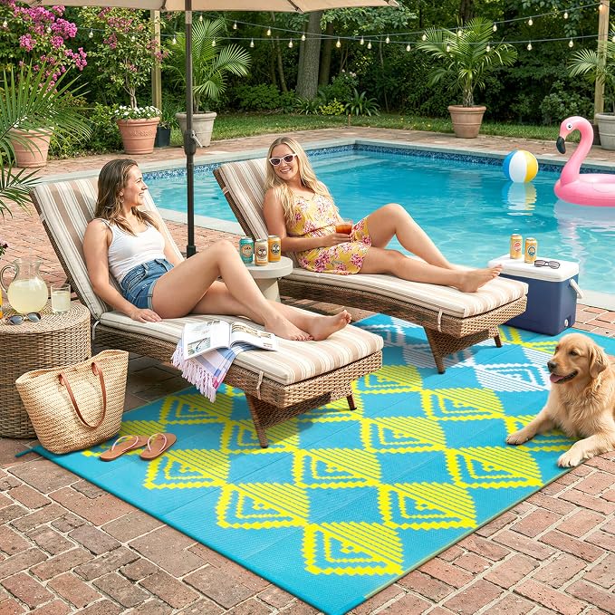 Beeiva Waterproof Outdoor Rug 6x9 for Camping, Balcony & RV, Reversible Plastic Straw Outdoor Mat Blue Yellow
