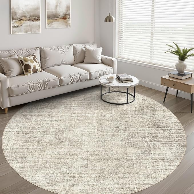 10ft Round Rug Living Room: 10x10 Washable Large Neutral Brown Circle Area Rug Abstract Soft Modern Stain Resistant Indoor Floor Non-Slip Carpet for Bedroom Nursery Kids Office Playroom Dining Room
