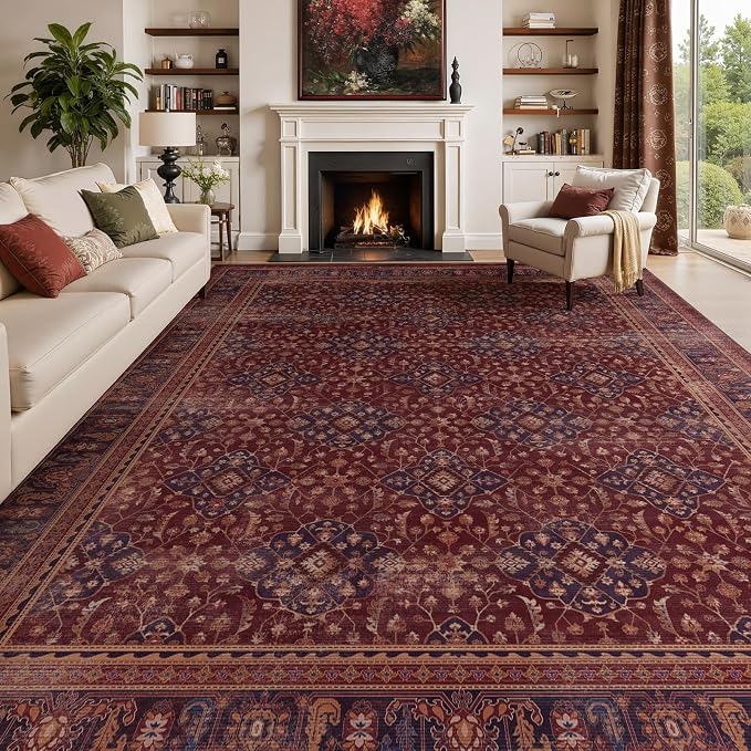 Amber Red 9x12 Rugs for Living Room, Earth Tone Vintage Bedroom Rug with Boho Floral Trellis Purple Accents, Non Slip Washable Low Pile Thin Carpet Rug for Dining Room/Guest Room/Family Room