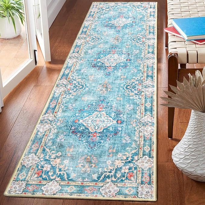 MUJOO Teal Runner Rug Washable 2x8 Area Rugs Non Slip Low-Pile Flowers | Long Throw Carpet for Hallways Entryway Kitchen Bathroom Bedside Bedroom Laundry Boho Soft Indoor Retro Floral Blue Colorful