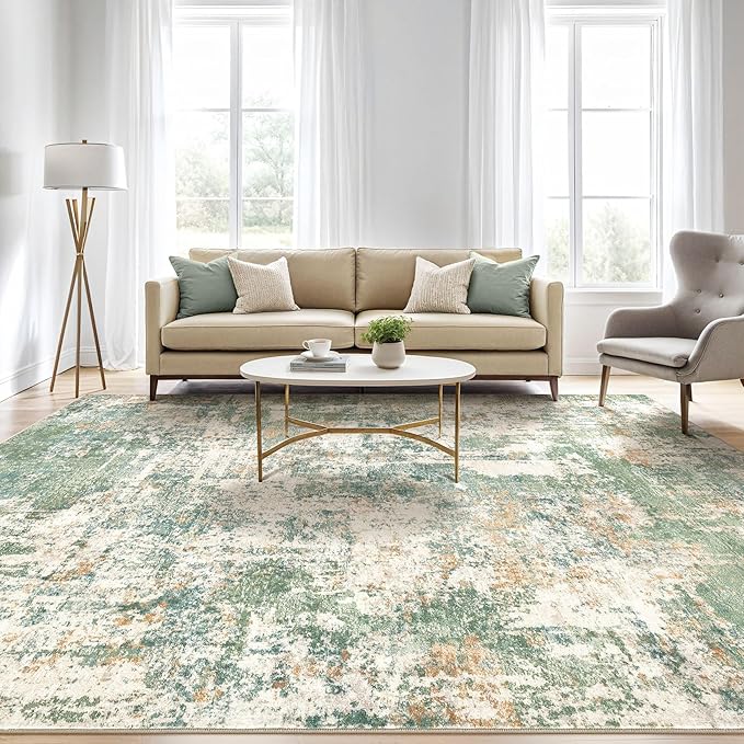 3x5 Rug for Living Room: Washable Large Abstract Soft Green Rugs Stain Resistant Indoor Floor Non-Slip Accent Carpet for Men Modern Home Enthusiasts Aged 25-45 - Bedroom Office Playroom
