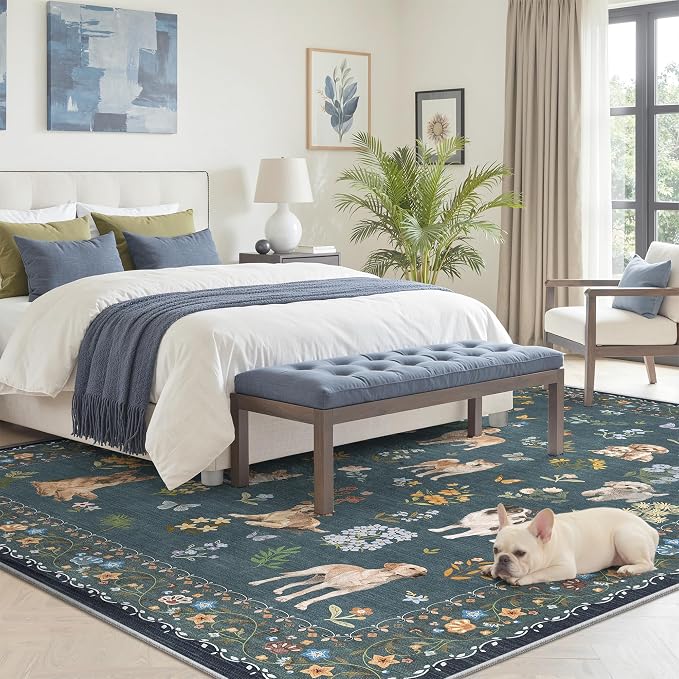 Soalmost Dog 6x9 Area Rugs for Living Room, Washable Soft Rug Navy Blue | Floral Vintage Non-Slip Low Pile Cute Animal Throw Rugs for Kitchen Dining Room Bedroom Nursery Playroom 6' x 9'