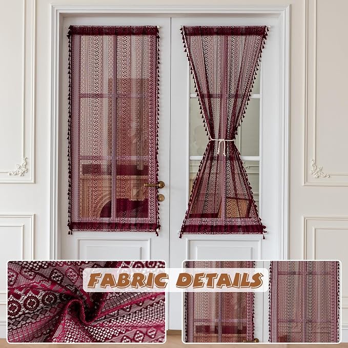 Sutuo Home Burgundy French Door Curtains for Front Door Glass & Sidelights, Farmhouse Light Filtering Bohemian Tassels Vintage Privacy Red Drapes for Window, Rod Pocket 2 Panels 25" W x 72" L