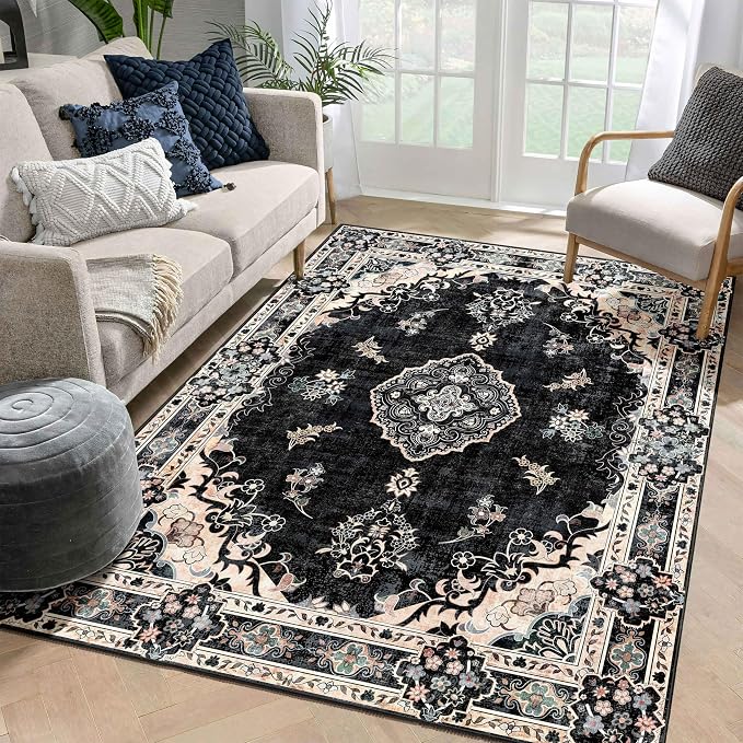 MUJOO 5'x7' Area Rugs Black Washable Boho Rug Non Slip Low-Pile Floral | Machine Washable Large Throw Carpet for Bedroom Living Room Dining Room Soft Floor Indoor Vintage Bohemian Flowers