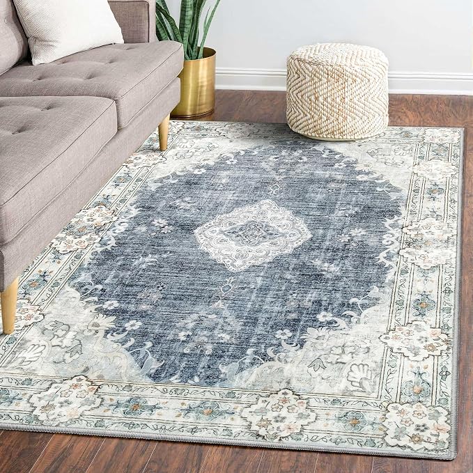 MUJOO 5'x7' Area Rugs Washable Boho Rug Non Slip Low-Pile Floral Large | Machine Washable Throw Carpet for Bedroom Living Room Dining Room Soft Floor Indoor Abstract Flowers Blue and Grey