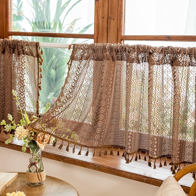 Sutuo Home Boho Valance Short Curtains 2 Panels for Kitchen Cafe, Lace Sheer Curtains Closet Crochet Privacy Farmhouse Vintage Chic Tassels Caramel Macrame Decor Rod Pocket,50" W x 36" L Dark Coffee