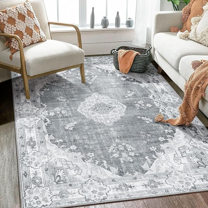 MUJOO Grey Rug 4'x6.5' Area Rugs Boho Washable Non Slip Low-Pile Floral | Machine Washable Throw Carpet for Bedroom Living Room Office Entryway Small Soft Floor Indoor Vintage Bohemian Flowers