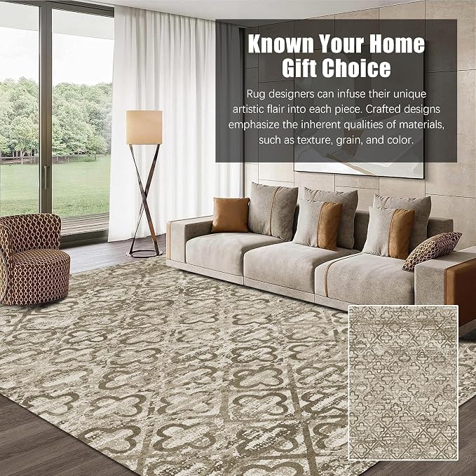 RUGSURE Washable Area Rugs, 9' x 12' - 1/6 Thick - Stain & Water Resistant Non-Slip - Perfect Resistant Rug for Living Room, Bedroom, Nursery, Pet & Child Friendly, Vibrant Colors Rugs, Brown