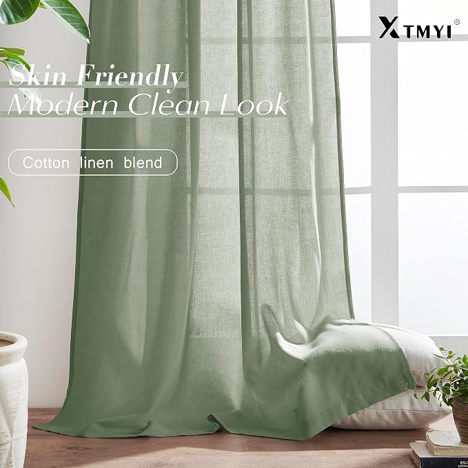 XTMYI Sage Green Linen Cotton Blend Curtains 84 Inches Long, Light Filtering Semi Sheer Cottage Core Boho Curtain Drapes for Summer Bedroom Living Room, Cortinas Verde Salvia