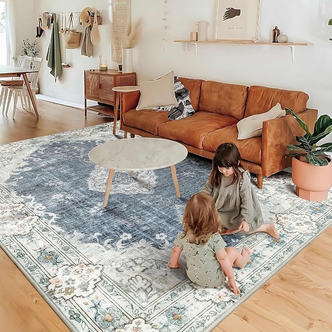 MUJOO 6x9 Area Rugs Washable Rug Non Slip Low-Pile Floral Large | Machine Washable Throw Carpet for Living Room Bedroom Dining Room Soft Indoor Vintage Abstract Flowers Blue and Grey