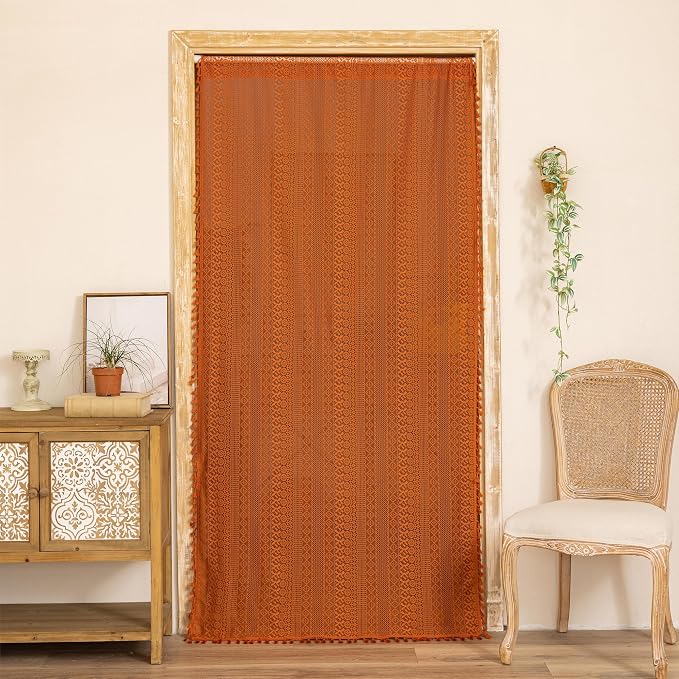 Sutuo Home Terracotta Boho Doorway Curtains for Front Door Closet,Lace Sheer Door Curtains for Doorway Crochet Vintage Chic Tassels Orange Bohemian Privacy Temporary Room Divider Rod Pocket,37" x 80"